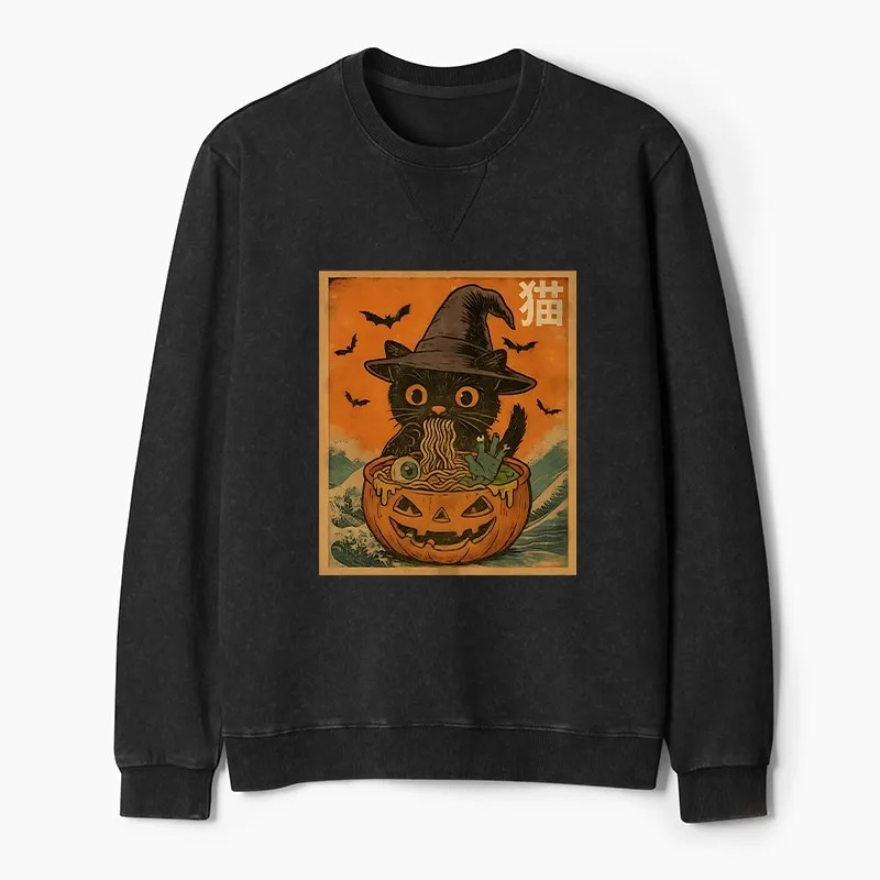 Tokyo-Tiger Halloween Cat Eating Ramen Washed Terry Sweatshirt