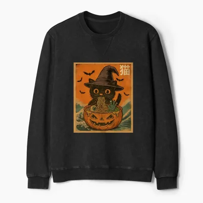 Tokyo-Tiger Halloween Cat Eating Ramen Washed Terry Sweatshirt
