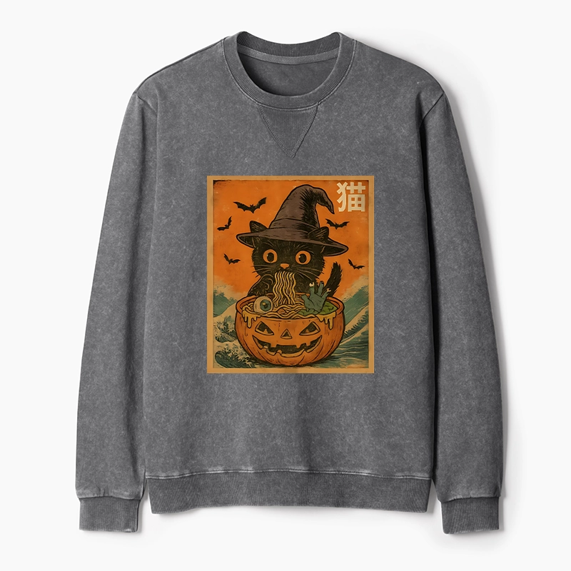 Tokyo-Tiger Halloween Cat Eating Ramen Washed Terry Sweatshirt