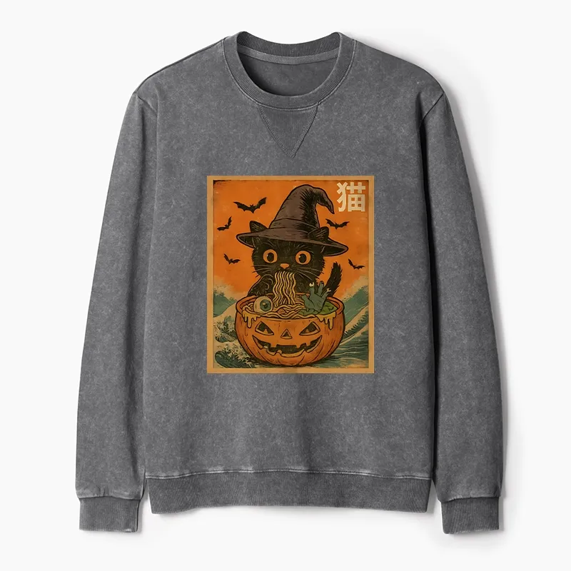 Tokyo-Tiger Halloween Cat Eating Ramen Washed Terry Sweatshirt