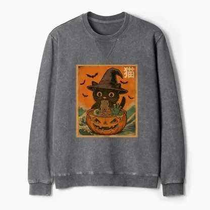 Tokyo-Tiger Halloween Cat Eating Ramen Washed Terry Sweatshirt
