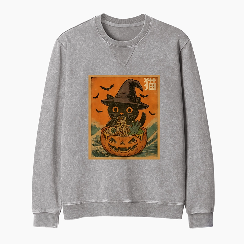 Tokyo-Tiger Halloween Cat Eating Ramen Washed Terry Sweatshirt