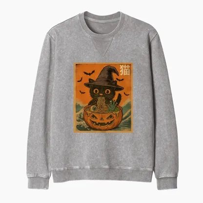 Tokyo-Tiger Halloween Cat Eating Ramen Washed Terry Sweatshirt