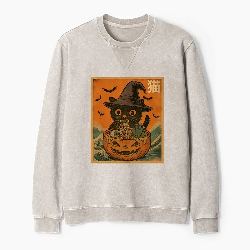 Tokyo-Tiger Halloween Cat Eating Ramen Washed Terry Sweatshirt
