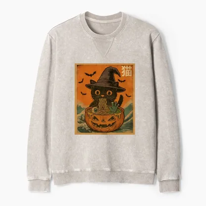 Tokyo-Tiger Halloween Cat Eating Ramen Washed Terry Sweatshirt