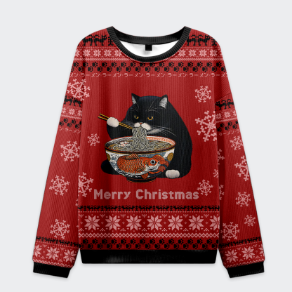 Tokyo-Tiger Fat Cat Eating Ramen Christmas Ugly Sweater