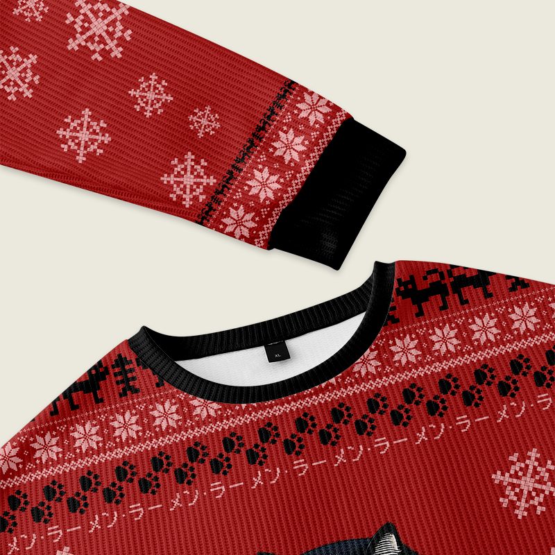 Tokyo-Tiger Fat Cat Eating Ramen Christmas Ugly Sweater