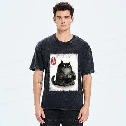 Tokyo-Tiger The Black Cat’s Tea Ritual Zen Ink Painting Washed T-Shirt