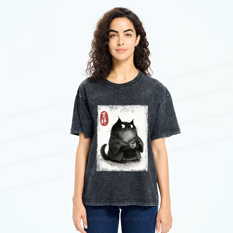 Tokyo-Tiger The Black Cat’s Tea Ritual Zen Ink Painting Washed T-Shirt
