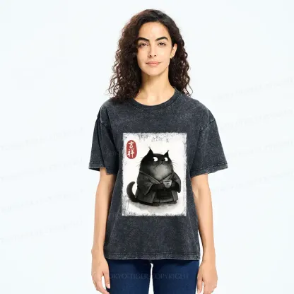 Tokyo-Tiger The Black Cat’s Tea Ritual Zen Ink Painting Washed T-Shirt