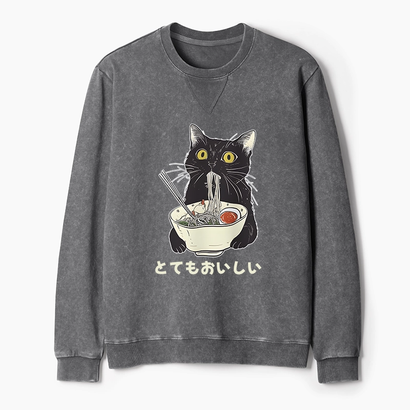 Tokyo-Tiger Cats Eat Ramen Noodles Washed Terry Sweatshirt