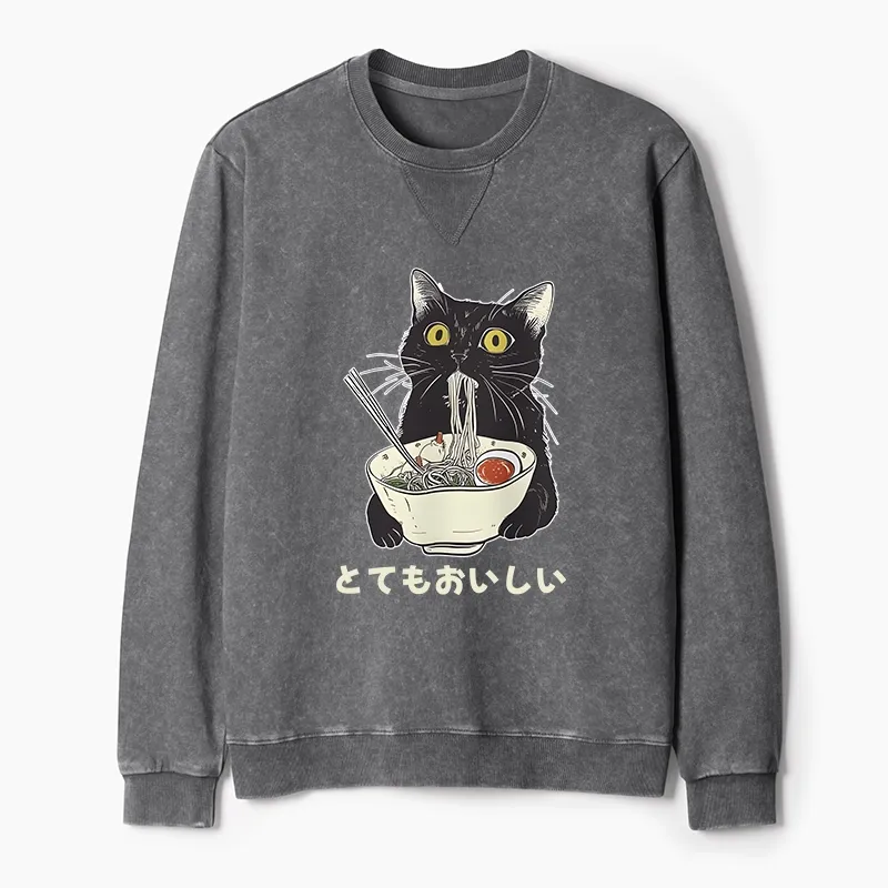 Tokyo-Tiger Cats Eat Ramen Noodles Washed Terry Sweatshirt