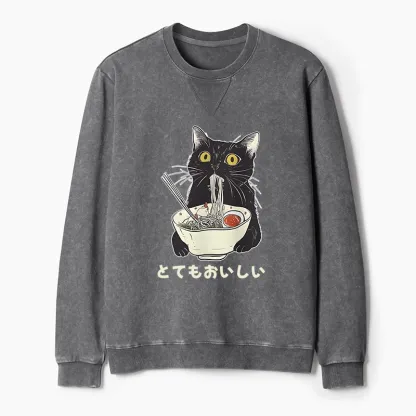 Tokyo-Tiger Cats Eat Ramen Noodles Washed Terry Sweatshirt