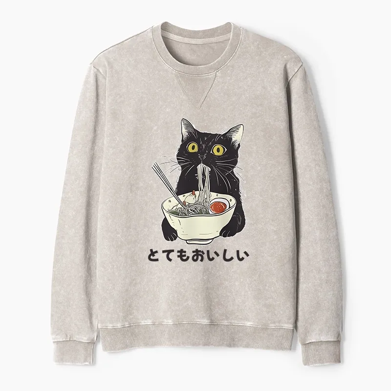 Tokyo-Tiger Cats Eat Ramen Noodles Washed Terry Sweatshirt