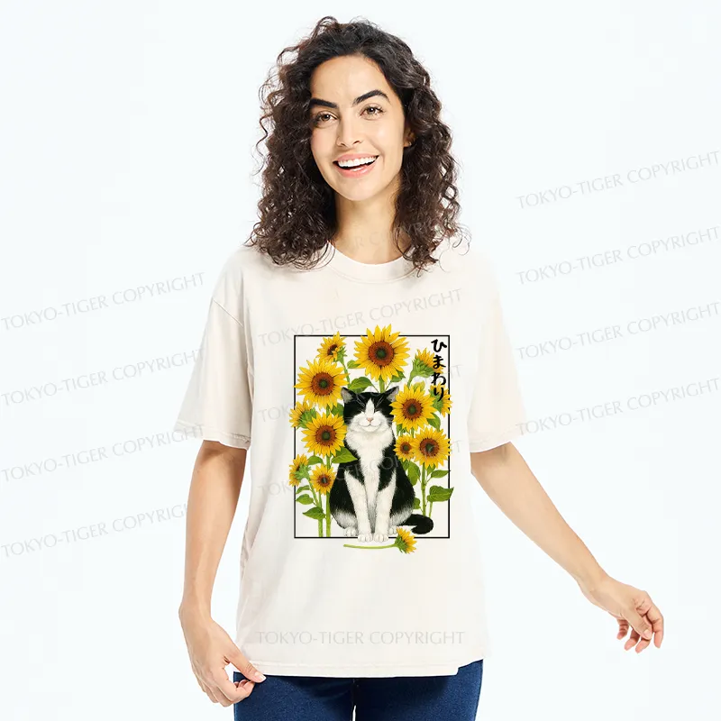 Tokyo-Tiger Funny Sunflower and Cat Poster Washed T-Shirt