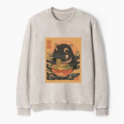 Tokyo-Tiger Up Moo Deng Eat Ramen Washed Terry Sweatshirt