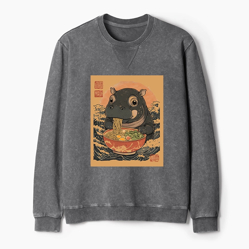 Tokyo-Tiger Up Moo Deng Eat Ramen Washed Terry Sweatshirt