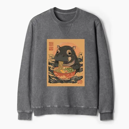Tokyo-Tiger Up Moo Deng Eat Ramen Washed Terry Sweatshirt