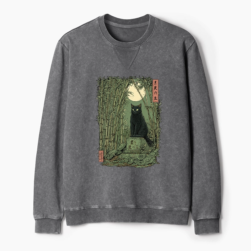 Tokyo-Tiger Black Cat In The Bamboo Forest Washed Terry Sweatshirt
