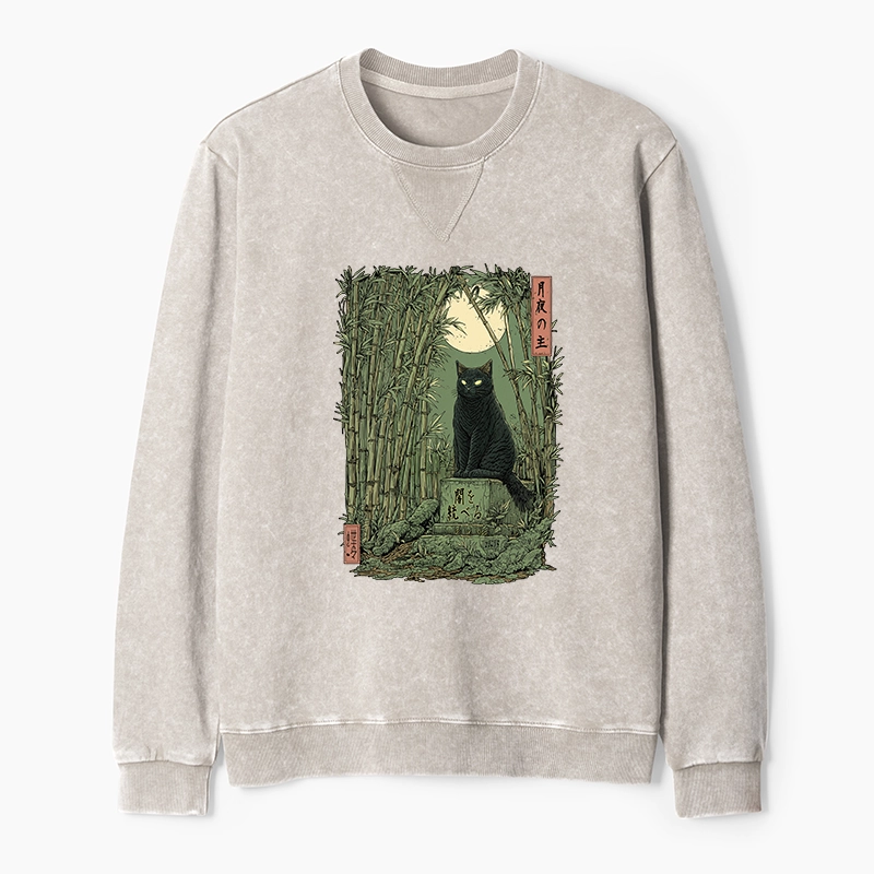 Tokyo-Tiger Black Cat In The Bamboo Forest Washed Terry Sweatshirt