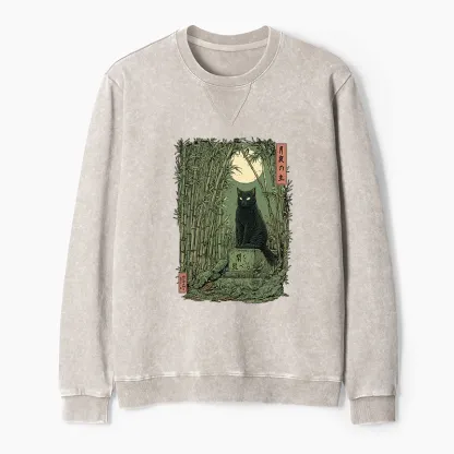 Tokyo-Tiger Black Cat In The Bamboo Forest Washed Terry Sweatshirt