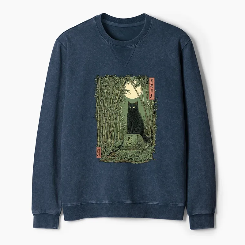 Tokyo-Tiger Black Cat In The Bamboo Forest Washed Terry Sweatshirt