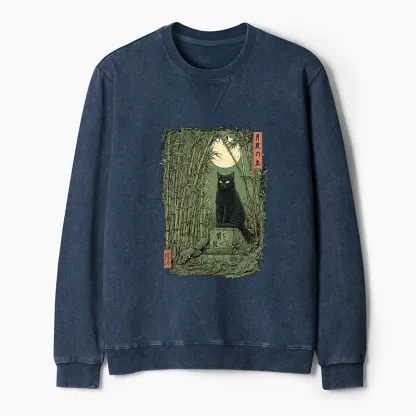 Tokyo-Tiger Black Cat In The Bamboo Forest Washed Terry Sweatshirt