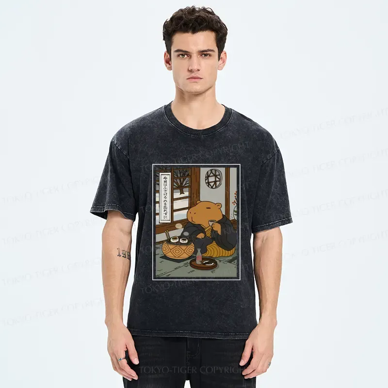 Tokyo-Tiger The Silly Capybara is Drinking Tea Zen Washed T-Shirt