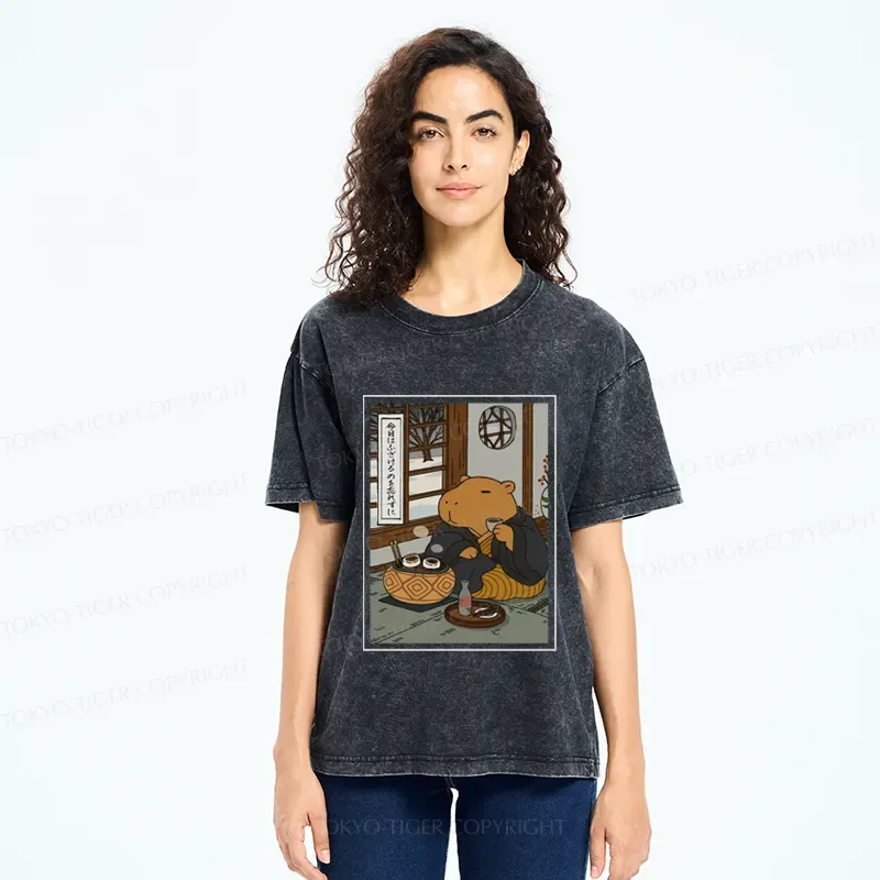 Tokyo-Tiger The Silly Capybara is Drinking Tea Zen Washed T-Shirt