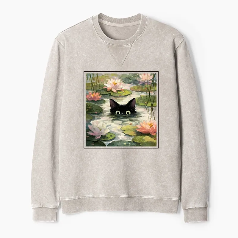 Tokyo-Tiger Black Cat and Lotus Flower Washed Terry Sweatshirt