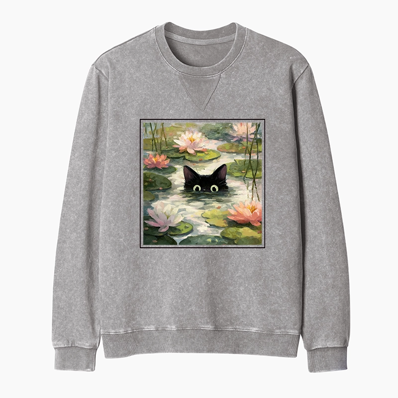Tokyo-Tiger Black Cat and Lotus Flower Washed Terry Sweatshirt