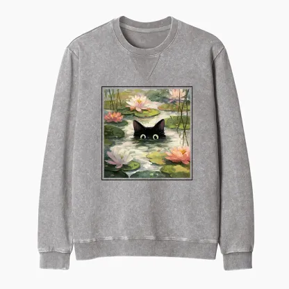Tokyo-Tiger Black Cat and Lotus Flower Washed Terry Sweatshirt