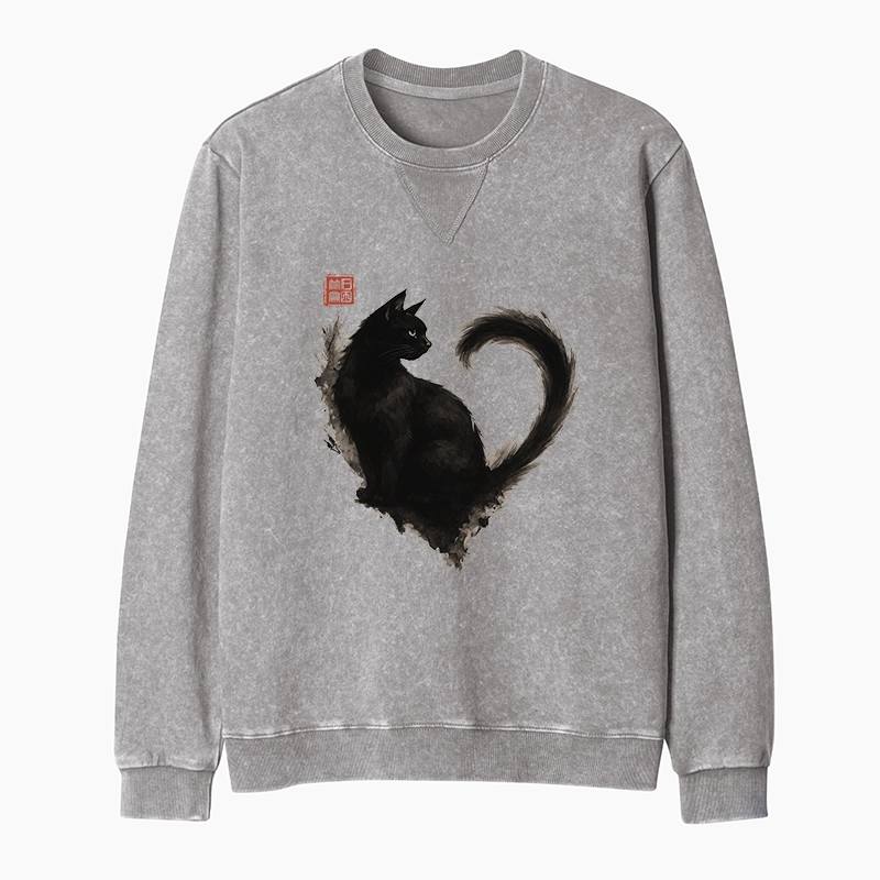 Tokyo-Tiger Funny Heart-Shaped Ink Cat Washed Terry Sweatshirt