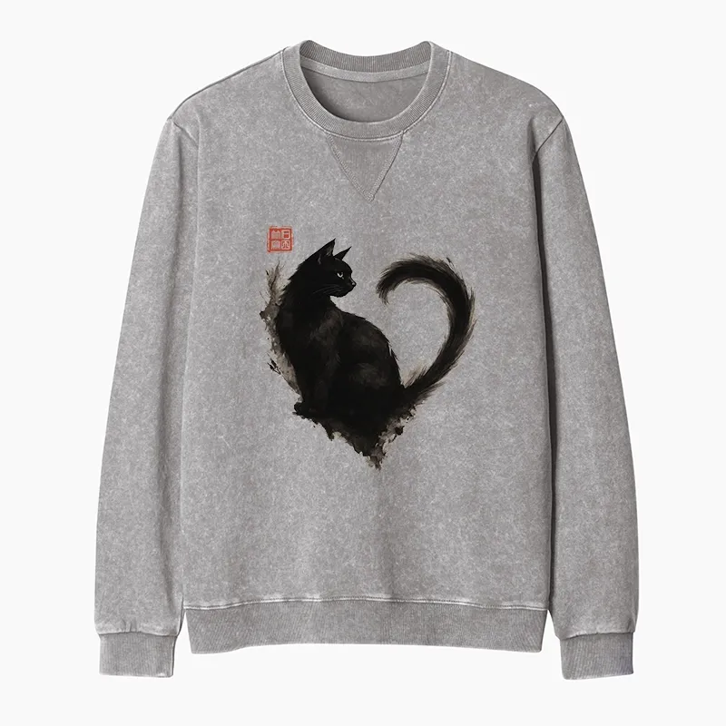 Tokyo-Tiger Funny Heart-Shaped Ink Cat Washed Terry Sweatshirt
