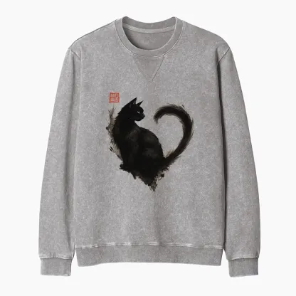 Tokyo-Tiger Funny Heart-Shaped Ink Cat Washed Terry Sweatshirt