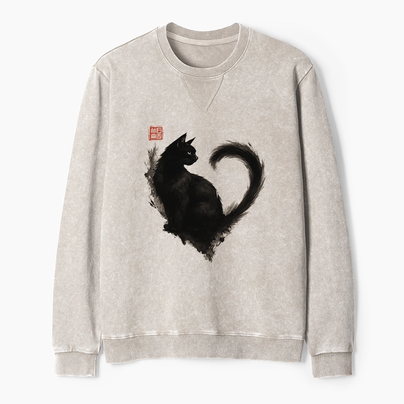 Tokyo-Tiger Funny Heart-Shaped Ink Cat Washed Terry Sweatshirt