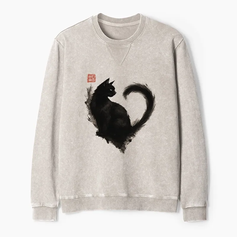 Tokyo-Tiger Funny Heart-Shaped Ink Cat Washed Terry Sweatshirt