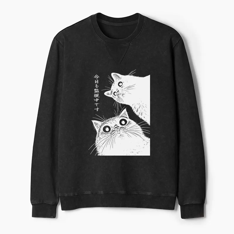 Tokyo-Tiger The Cat Is Watching Today Washed Terry Sweatshirt