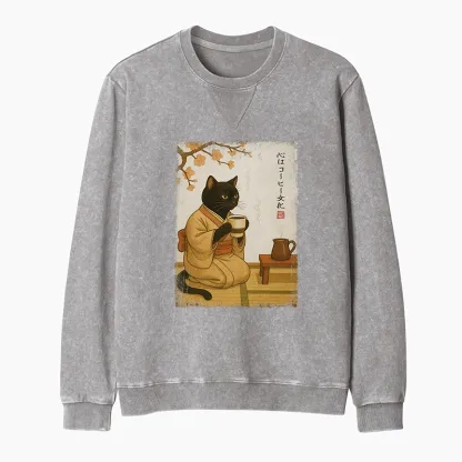 Tokyo-Tiger Cat Heart Full Of Coffee Washed Terry Sweatshirt