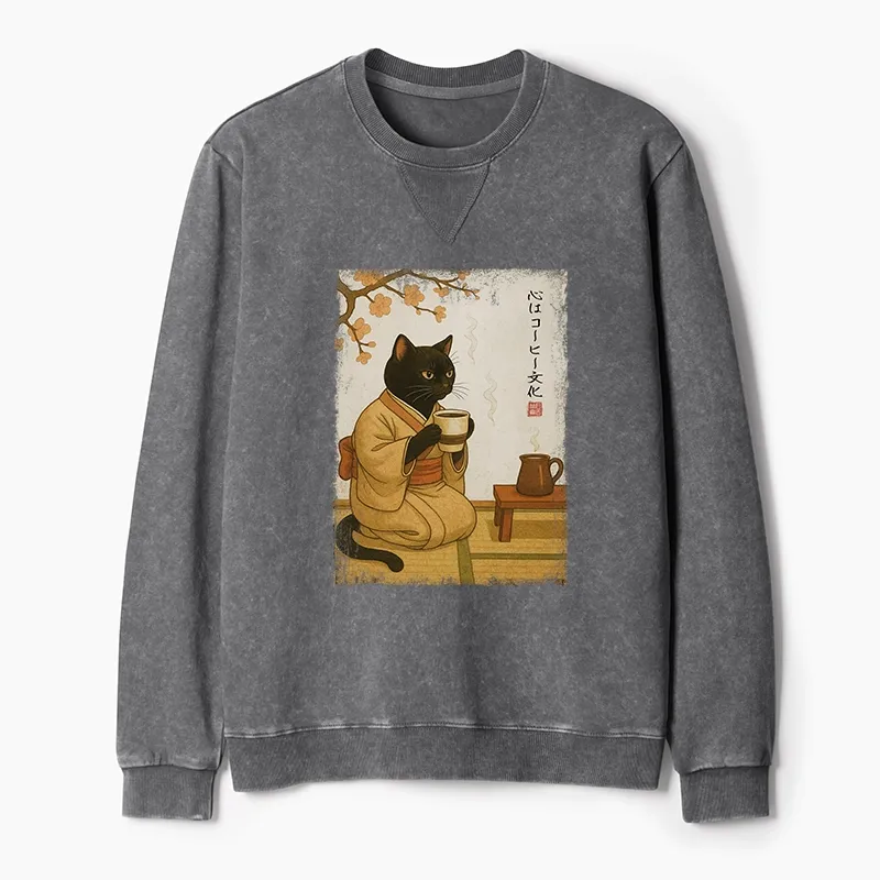 Tokyo-Tiger Cat Heart Full Of Coffee Washed Terry Sweatshirt