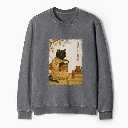 Tokyo-Tiger Cat Heart Full Of Coffee Washed Terry Sweatshirt