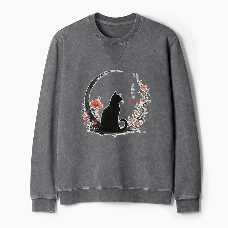 Tokyo-Tiger Black Cat And Flowers Washed Terry Sweatshirt