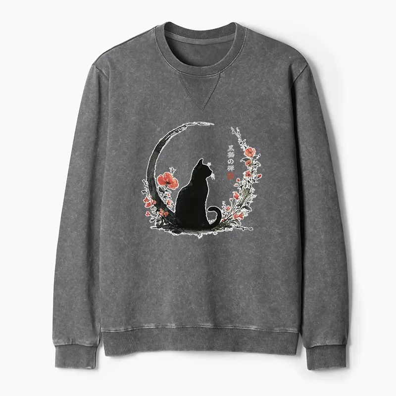 Tokyo-Tiger Black Cat And Flowers Washed Terry Sweatshirt