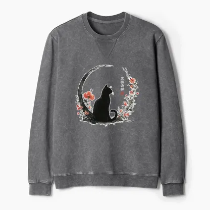 Tokyo-Tiger Black Cat And Flowers Washed Terry Sweatshirt