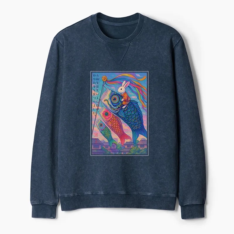 Tokyo-Tiger Ukiyoe Rabbit Ride Carp Streamer Poster Washed Terry Sweatshirt
