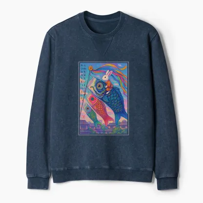 Tokyo-Tiger Ukiyoe Rabbit Ride Carp Streamer Poster Washed Terry Sweatshirt