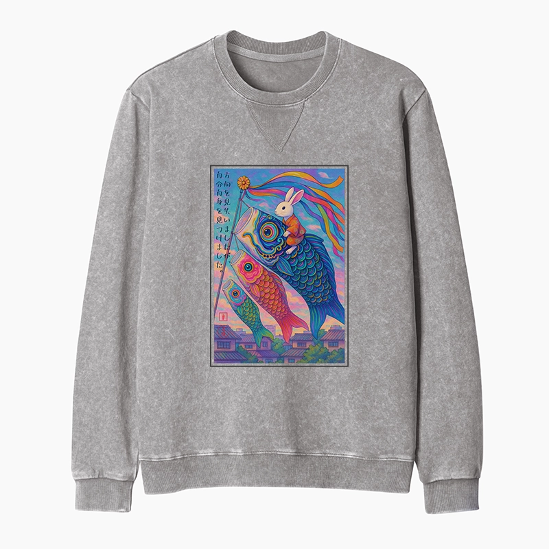 Tokyo-Tiger Ukiyoe Rabbit Ride Carp Streamer Poster Washed Terry Sweatshirt