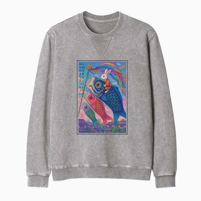 Tokyo-Tiger Ukiyoe Rabbit Ride Carp Streamer Poster Washed Terry Sweatshirt