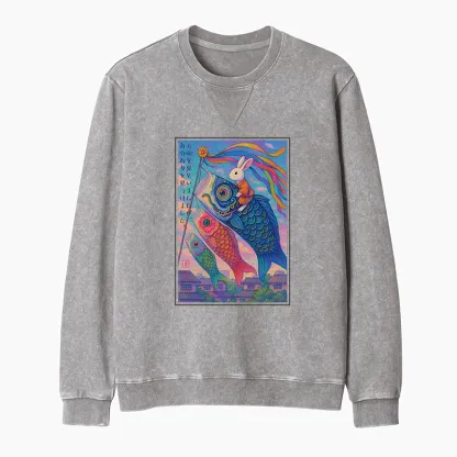 Tokyo-Tiger Ukiyoe Rabbit Ride Carp Streamer Poster Washed Terry Sweatshirt