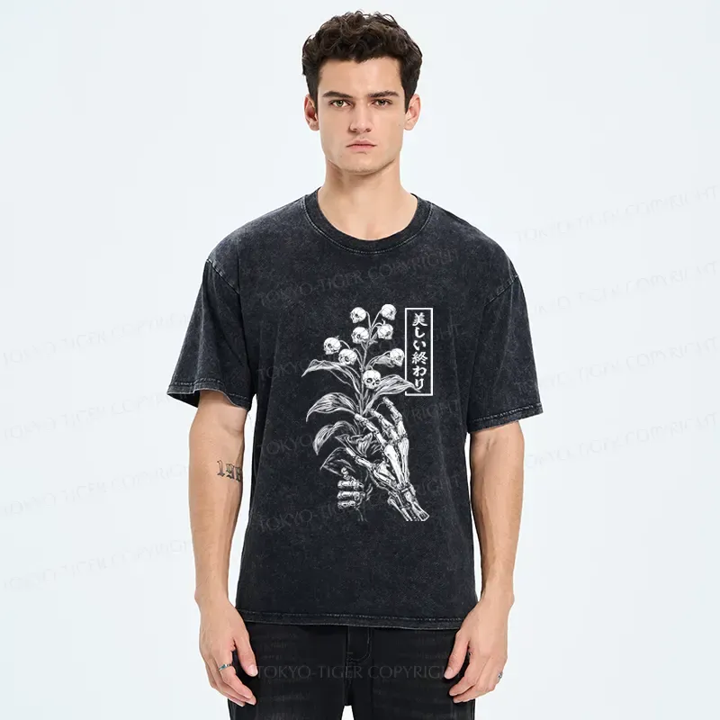 Tokyo-Tiger Funny Halloween Skull Flower Washed T-Shirt
